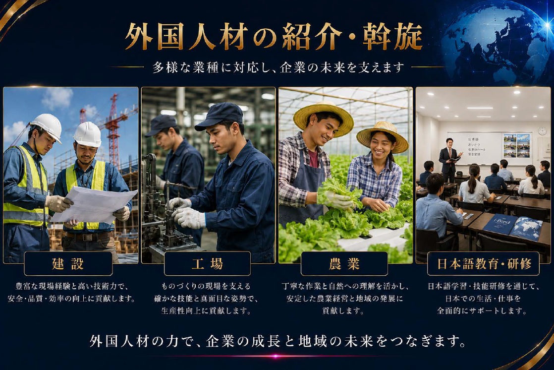 建設・工場・農業・日本語教育研修に対応する外国人材支援